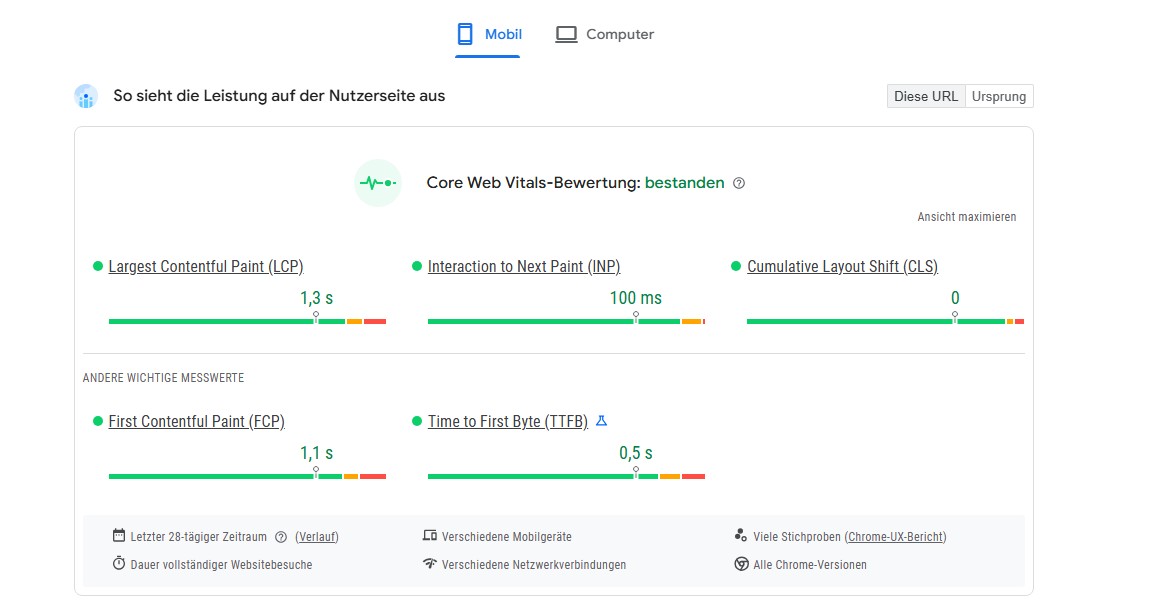 Google Core Web Vitals einer komplexen Kundenseite: bestanden, CLS 0, LCP 1,3 s
