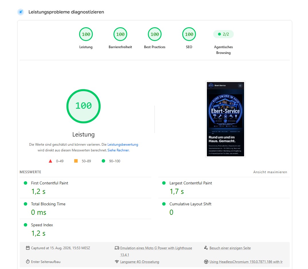 PageSpeed-Ergebnis ebert-service-bamberg.de: 100 Leistung, 100 Barrierefreiheit, 100 Best Practices, 100 SEO